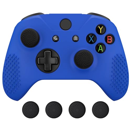 eXtremeRate PlayVital Soft Anti-Slip Dark Blue Silicone Controller Cover Skins and Black Thumb Grips Caps Protective Case for Xbox One X S Controller - Controller Without - color: Blue-Black