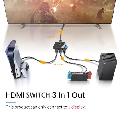 NEWCARE HDMI Switch 3 in 1 Out, 4K@60Hz HDMI Switcher with 2.6FT HDMI Cable | 3-Port HDMI Splitter Selector, HDR, HDCP 2.2, 3D, Compatible with PS5/4, Xbox, Switch 2, Fire TV Stick, HDMI 2.0, Plug & Play