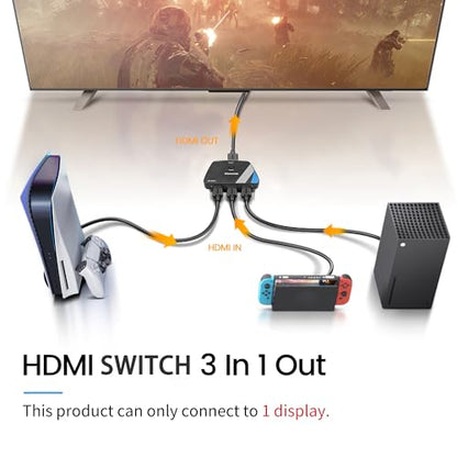 NEWCARE HDMI Switch 3 in 1 Out, 4K@60Hz HDMI Switcher with 2.6FT HDMI Cable | 3-Port HDMI Splitter Selector, HDR, HDCP 2.2, 3D, Compatible with PS5/4, Xbox, Switch 2, Fire TV Stick, HDMI 2.0, Plug & Play