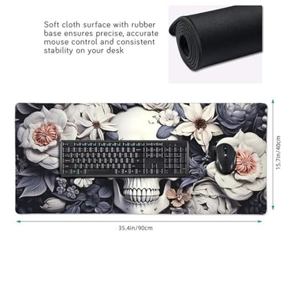 35.4 x 15.7 in, Waterproof XXL Large Mouse Pad for Desk, Extended Keyboard Mouse Mat for Computer Office, Big Laptop Mouse pad, Gaming Pc-White Skull&Flowers - color: White Skull&flowers