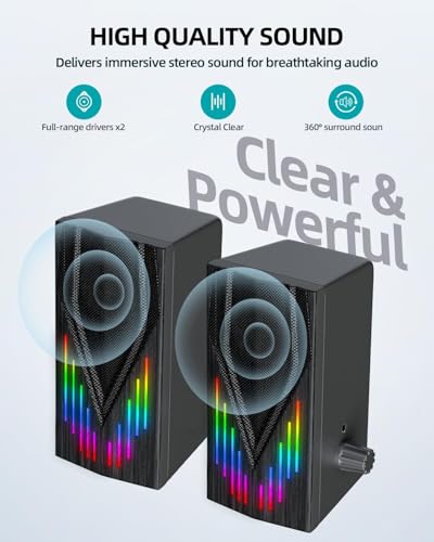 Uakinat Computer Speakers with 6 Colorful RGB Lights,USB Powered 3.5mm Aux with Loud Stereo Sound,Headphone-in for Desktop,PC/Laptop/Tablet Phone