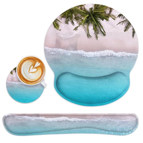 Ergonomic Mouse Pad Set with Wrist Rest, Ocean Blue | Summer Beach Non-Slip Rubber Base Wrist Cushion Support and Coasters Mousepad with Wrist Support for Computer Keyboard - color: Blue Ocean