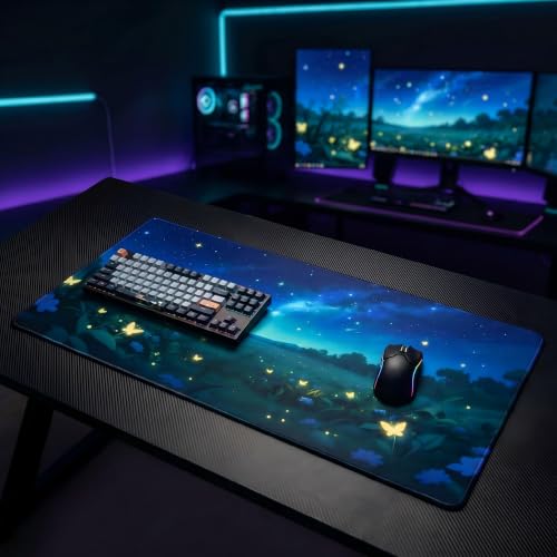 XXL Gaming Mouse Pad 23.6x11.8 inch,Dazzling Starry Sky Landscape Theme Desk Mat,Glowing Butterfly Flower Scene Large Mousepad,Fantasy Artistic Keyboard Mouse Mat (Deep Indigo Starry Sky) - color: Deep Indigo Starry Sky