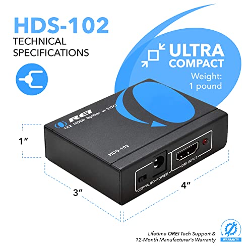 OREI HDMI Splitter 1 in 2 out - Ultra HD 4K @ 30Hz, HDCP, 3D & Full HD 1080P Support for Xbox, PS4, Blu-ray, HDTV - Adapter Included | 3D & Full HD 1080P Support for Xbox, PS4, Blu-ray, HDTV. Supports digital audio format DTS-HD/Dolby-true-HD/LPCM 7.1/DTS