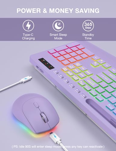 Wireless Keyboard and Mouse Combo, 9 Backlit Effects, RGB, 2.4GHz | Ergonomic Wrist Rest, Phone Holder, Rechargeable, Full Size, KM22 MAX Silent Set for Computer, Laptop, Mac, Windows (Purple) - color: Lavender Purple