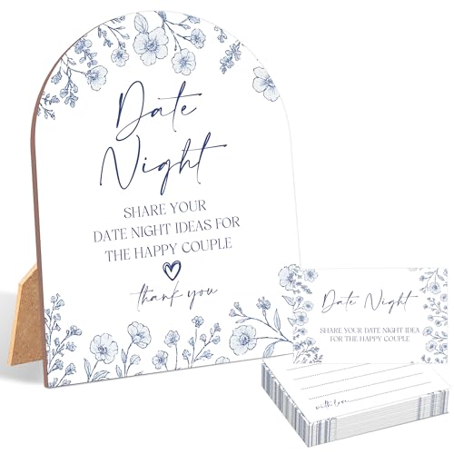 51 Pc Something Blue Before I Do Date Night Ideas Game, Blue Floral Bridal Shower Game, 6x8 Inch Arch Wooden Sign with Stand and 50 Date Night Cards, Wedding Shower Decor - YHZ04 - color: Blue Floral04