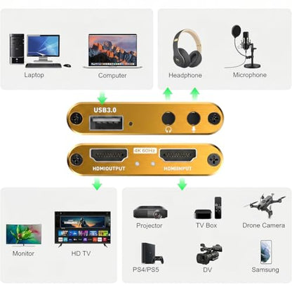 Video Capture Card, Audio Video Capture Card, USB 3.0 Capture Card 4K HDMI Loop-Out, 1080P 60FPS Video Game Capture for Streaming Works for PS5/Switch/Camera/PC/OBS (Golden) - color: Golden