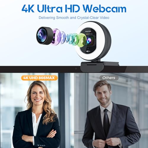 4K Webcam with Ring Light & Built-in Microphone for PC Streaming | PDAF Autofocus,Supports 1080P 60FPS, Comes with Privacy Cover, Compatible with Zoom, Skype, Google Meet, Laptop Desktop Mac