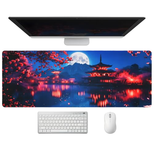 Extended Japanese Nightscape Desk Mat, XL Large Gaming Mouse Pad, Sakura Pagoda Moon Stitched Edges Waterproof with Non-Slip Rubber Base for Computer Keyboard Laptop Work Home Office 31.5"x11.8" - color: Japanese Nightscape Art, size: 31.5" x 11.8"