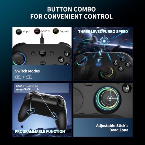 RALAN HD-151D Wireless PC Controller with Hall Effect Joysticks & Triggers, 1300mAh Battery & Custom RGB Lighting, 1000Hz Polling Rate, 2.4G/Bluetooth/USB-C, 3.5mm Audio Jack, 4 Onboard Profiles, Remappable Back Buttons Compatible with PC/Switch/Steam/And