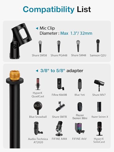 InnoGear Desktop Microphone Stand, 1 Pack Upgraded Adjustable Table Mic Stand with Mic Clip and 5/8" Male to 3/8" Female Screw for Blue Yeti Snowball Spark & Other Microphone
