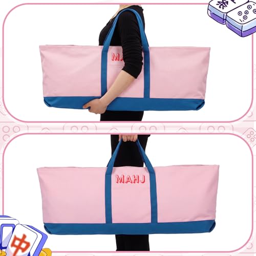 Mahjong Bag for Tiles and Racks Empty American Mahjong Tiles Carrying Tote 31.5 x 12 x 4 Inch Canvas Tile Game Accessory Gift for Pusher Rack Mat Carrying, Case Only(Pink and Dark Blue) - color: Pink and Dark Blue