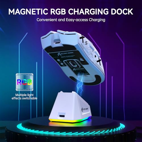ATTACK SHARK X11 Wireless Gaming Mouse, PAW3311 Sensor, Lightweight, RGB Charging Dock, 22,000 DPI, Tri-Mode Connectivity, 5 Programmable Buttons, Grip Tape Included - White - color: White, size: Mouse and Anti-slip sticker