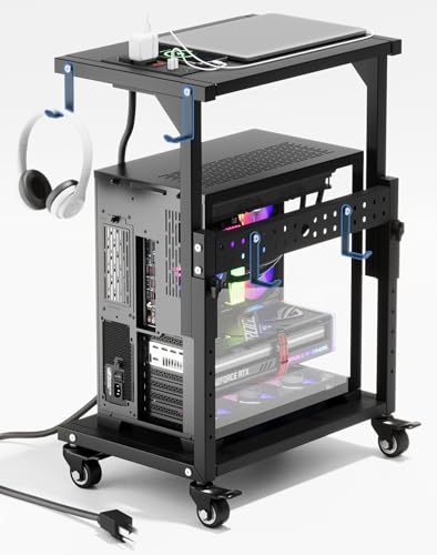 Computer Tower Stand with Power Outlet, 6 Level Height Ajustable PC Tower Stand for Floor, Mobile Rolling CPU Holder Cart for Gaming, Office, Home, 21.34"-28.3", Black - size: 1 power outlet