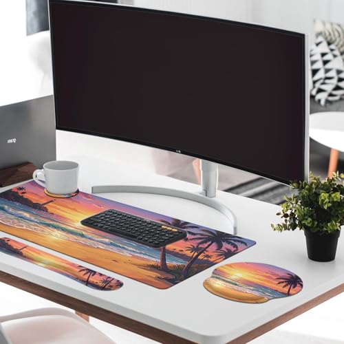 Britimes Beach Sunset Keyboard Mouse Pad Set Tropical Coastal 4in1 Large Mousepad+Keyboard Wrist Rest+Mouse Wrist Rest+Coaster Ergonomic Design for Home Office Computer 35.4x15.7 inches - color: Beach Sunset