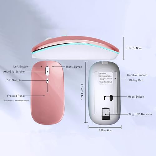 WREANU Wireless Bluetooth Mouse Rechargeable Laptop Mice with LED Lights Silent Slim Use(BT5.2 & 2.4G Portable USB) Dual Mode Computer Mouse for Laptop/iPad/Tablet/Apple/Computer/Mac(Rose Gold) - color: Rose Gold Wireless Bluetooth Mouse