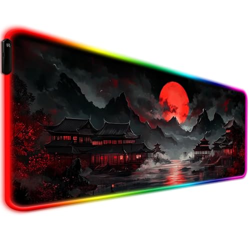 RGB Japanese Dreamy Lakescape Full Moon Gaming Desk Mat, Computer Keyboard Large Extended Long LED Mouse Pad for Office and Home, XL (W07) - color: Rgb-w07