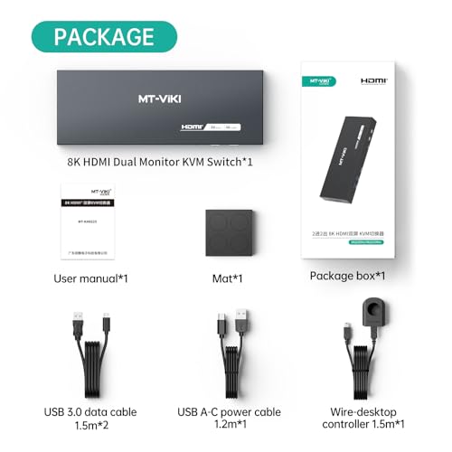 MT-Viki 8K@60Hz HDMI KVM Switch 2 Monitors 2 Computers, 4K@144Hz Dual KVM Switch HDMI with 4 USB 3.0 Port, EDID, 2 USB Cables and Desktop-Controller Included - style: 2 IN 2 OUT 8K@60
