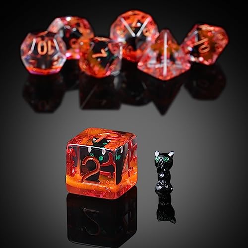 Black Cat Gaming Dice Set D&D, DNDND 7PCS Resin DND Dice with Velvet Bag for Dungeons and Dragons Role Playing Games and Tabletop Games（Black Cat - color: Cat-black