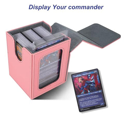 AFIING MTG Deck Box for Commander Display,Card Deck Box Fits 100 Double Sleeved Cards, Magic Commander TCG Card Storage Box with 2 Dividers,Drawstring Bag and 1 Toploader(Pink/grey) - color: Commander Pink Grey