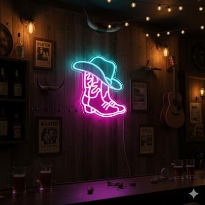 Cowboy Boot and Hat LED Neon Sign,Western Country Wall Decor for Bar, Man Cave, Garage,Pink White Aesthetic Rodeo Neon Light, Unique Christmas Birthday Gifts(13x15 in) - style: Cowboy Boot