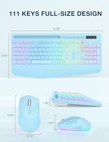 Wireless Keyboard and Mouse Combo, 9 Backlit Effects, RGB, 2.4GHz | Ergonomic Wrist Rest, Phone Holder, Rechargeable, Full Size, KM22 MAX Silent Set for Computer, Laptop, Mac, Windows (Blue) - color: Sky Blue