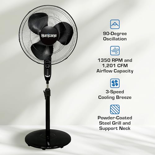 Hurricane Supreme Oscillating Pedestal Stand Fan with 3 Quiet Speeds, Black, 16" - Corded Electric Air Cooling Unit with Remote Control & Adjustable Height for Home, Apartment, Workshop or Office