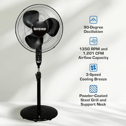 Hurricane Supreme Oscillating Pedestal Stand Fan with 3 Quiet Speeds, Black, 16" - Corded Electric Air Cooling Unit with Remote Control & Adjustable Height for Home, Apartment, Workshop or Office