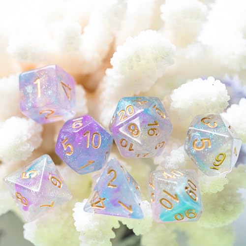 UDIXI Resin Glitter DND Dice Set Swirls RPG Polyhedral Dice Set for D&D | Purple & Blue Colors, Gold Number, Velvet Dice Bag Packaging, for Dungeons and Dragons Role Playing Games and Tabletop Games - color: A-purple Blue