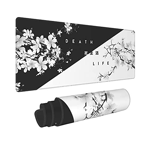 Black White Cherry Blossom Mouse Pad Japanese Sakura Death Life Extended Desk Mat 80X30 cm Non-Slip Rubber Base Stitched Edge Large XL Playmat for Gaming Laptop Computer PC Desktop,31.5×11.8 Inch - color: Black White, size: 31.5 x 11.8 inches