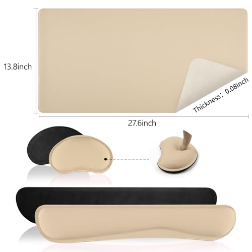 베이지 가죽 책상 패드 및 키보드 손목 받침대, 70.1cm x 35.1cm | 3in1 마우스 패드 + 키보드 손목 받침대 + 마우스 손목 받침대, 미끄럼 방지 방수 책상 필기 패드 사무실 및 가정용 - color: 베이지 손목 받침대, size: 27.6" × 13.8"