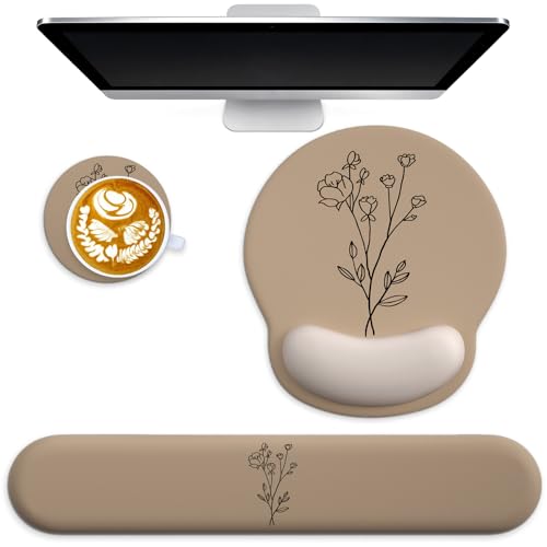 3 in 1 Ergonomic Mouse Pad and Keyboard Wrist Rest with Coaster Set-Brown | Cute Large Mousepad with Gel Wrist Support for Gaming Computer Laptop Women Office Home Desk Decor - color: C3-Brown with Little Flower