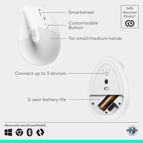 Logitech Lift Vertical Ergonomic Wireless Mouse - Off White | Connect via Bluetooth or included Logi Bolt USB-A receiver, quiet clicks, 4 of 6 buttons customizable, Windows Mac compatible - color: Off White, style: Right-Handed