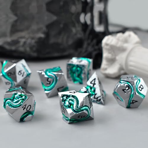 RULE DICE Metal DND Dice Set for Dungeons and Dragons - Polyhedral D&D Dice Set with Green Serpent Design - Balanced D&D Dice for RPGs, TTRPGs - Heavy Duty Zinc Alloy Construction 7 Dice Set - color: Ld-silver Black