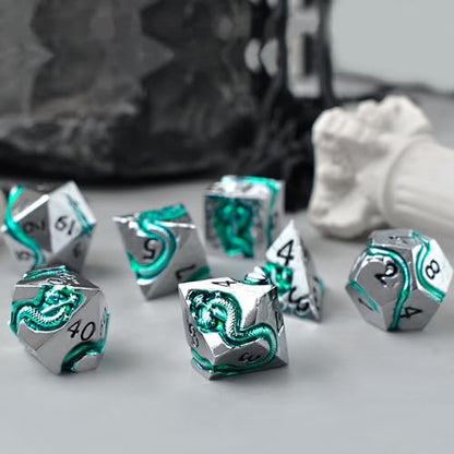 RULE DICE Metal DND Dice Set for Dungeons and Dragons - Polyhedral D&D Dice Set with Green Serpent Design - Balanced D&D Dice for RPGs, TTRPGs - Heavy Duty Zinc Alloy Construction 7 Dice Set - color: Ld-silver Black