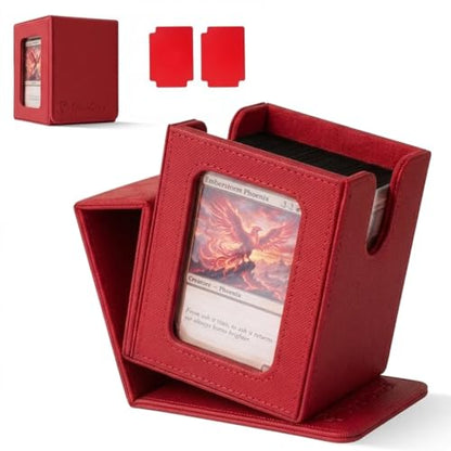 Commander Deck Box MTG 100 Card Holder with Display Window Red | PU leather, 4 N52 magnets, fits 100 double-sleeved cards, display window, durable, portable, secure closure - color: Red, size: 110+