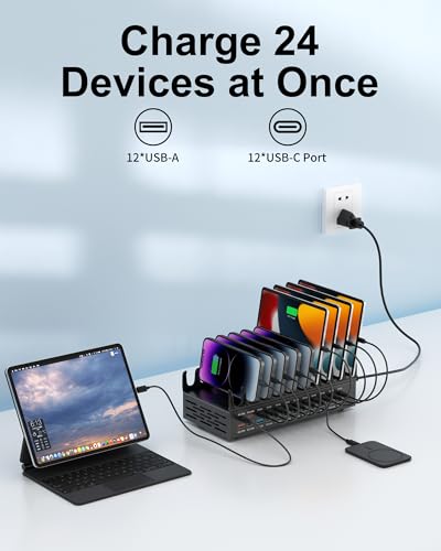 24 Ports 420W Charging Station for Multiple Devices, Iron Alloy USB Charger | with 30W Power Delivery, Multi Fast Charger Dock for Phone Tablet, Home, Office, School