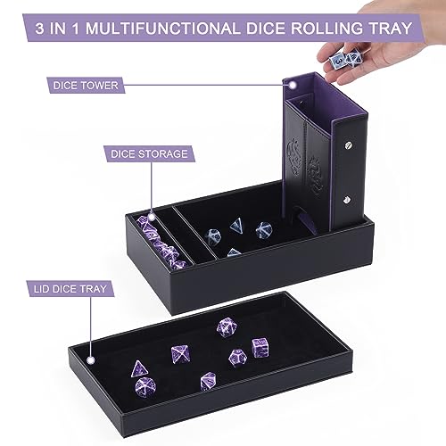 DND Dice Tower and Tray Set with Non-Scratch Felt Lined Rolling and Velvet Surface - Folding Auto Dice Roller Dice Rolling Tower for RPG Board and Table Games - color: Balck Bule