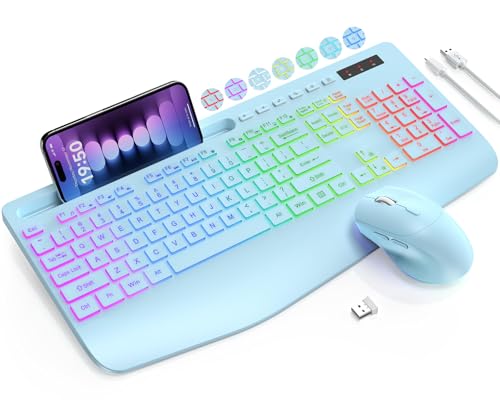 Wireless Keyboard and Mouse Combo, 9 Backlit Effects, RGB, 2.4GHz | Ergonomic Wrist Rest, Phone Holder, Rechargeable, Full Size, KM22 MAX Silent Set for Computer, Laptop, Mac, Windows (Blue) - color: Sky Blue