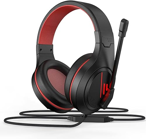 Anivia MH601 Headphones with Microphone Wired Headset with Active Noise Canceling Microphone, 3.5mm Audio Jack Stereo Headphone - Red (Game/Work/School) - color: Red