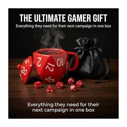 D20 Mug Gift Set by Generix Geek — 7 Red Polyhedral Dice, Ceramic Mug with Lid & Vegan Leather Pouch | DND Dungeons Dragons Tabletop RPG Gift