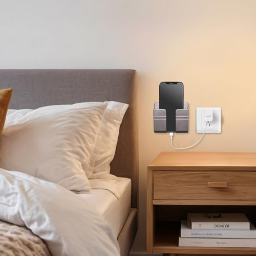 2 Pcs Wall Mount Phone Holder with Adhesive Phone Stand with Data Cable Receiving Hole, Charger Remote Control Storage Box for Bedroom, Kitchen, Bathroom, Office (Gray) - color: Grey