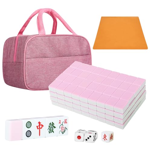 Chinese Pink 1.17 inches Compact Mahjong Set, Travel Small Size, 144 + 8 Blank Melamine Tiles, with Portable Travel Handbag Complete Mahjong Game Set - color: Pink