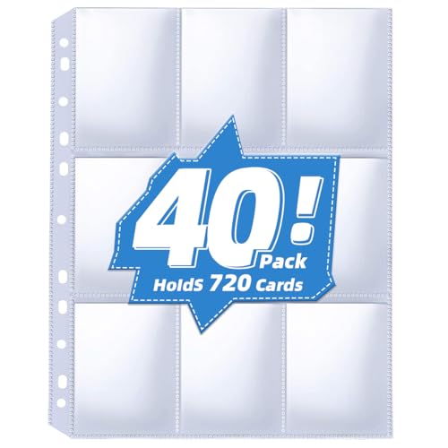 40 Pack 9 Pocket Card Sleeves Binder Sheets，Holds 720 Cards, Clear Trading Card Sleeve Pages Protector for 3 Ring Binder, Fit for Baseball,Football,Game,Business Cards - size: 40 pack