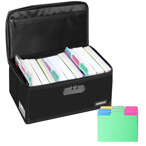 JUNDUN Index Card Holder with 48 Pieces 4x6 Inch Index Cards Dividers,Collapsible Fireproof Index Card Box with Lock fits 1200 4x6-Inch Flash Cards - Business, or Note Card Storage Boxes - Black - color: black, size: 4x6" with dividers
