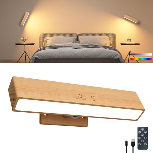 Rechargeable Wood Wall Lights with Remote & Touch, 5200mAh Battery Operated Wall Sconce 3 Color Temperatures & RGB. Magnetic, Stick-On, Dimmable Wall Reading Lamp for Bedroom, Living Room, Picture - color: Beech Wood, size: 1 Pack