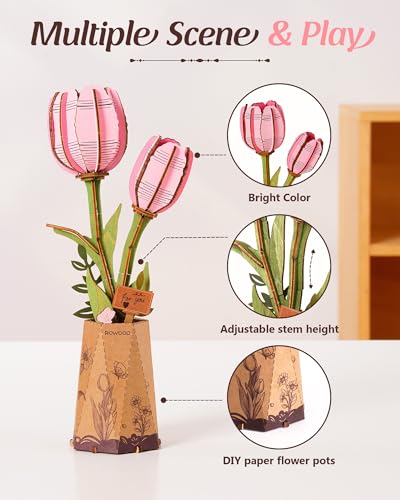 rowood Wooden Flower,3D Puzzles for Adults,Artifical Flower Botanical Collection Building Kit,Mother's Day/Valentine's Day Pink Tulip - style: Pink Tulip