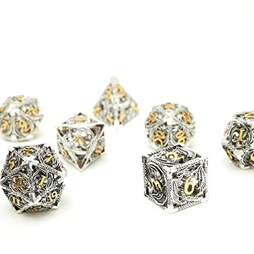 Metal DND Dragon Dice Set Dungeons and Dragons for Role Playing Games (RPG) MTG Pathfinder Tabletop Games(Ancient Silver Gold) - color: Ancient Silver/ Gold