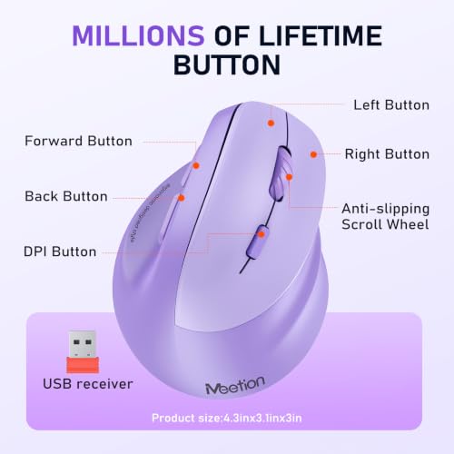 MEETION Ergonomic Wireless Vertical Mouse, Rechargeable, Purple | Bluetooth 5.2 + 3.0 and USB connectivity, RGB backlight, 4 DPI adjustment, compatible with Windows, Mac, Android, PC and iPad - color: Right Purple