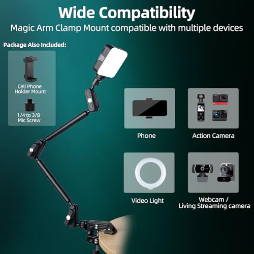 22" Magic Arm Clamp, Overhead Phone Mount Holder Stand, Flexible Desk Camera Mount, Articulating Friction Boom Arm with 1/4" 3/8" Threads for Phone, DSLR, Action Camera,Filming, Light, Webcam, Mic - size: MH05